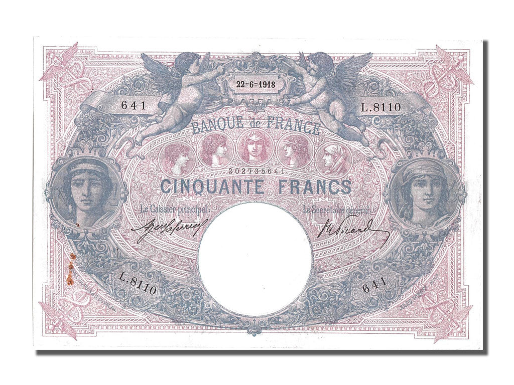 France, 50 Francs, 50 F 1889-1927 ''Bleu et Rose'', 1918, KM #64e, 1918-06-22,..