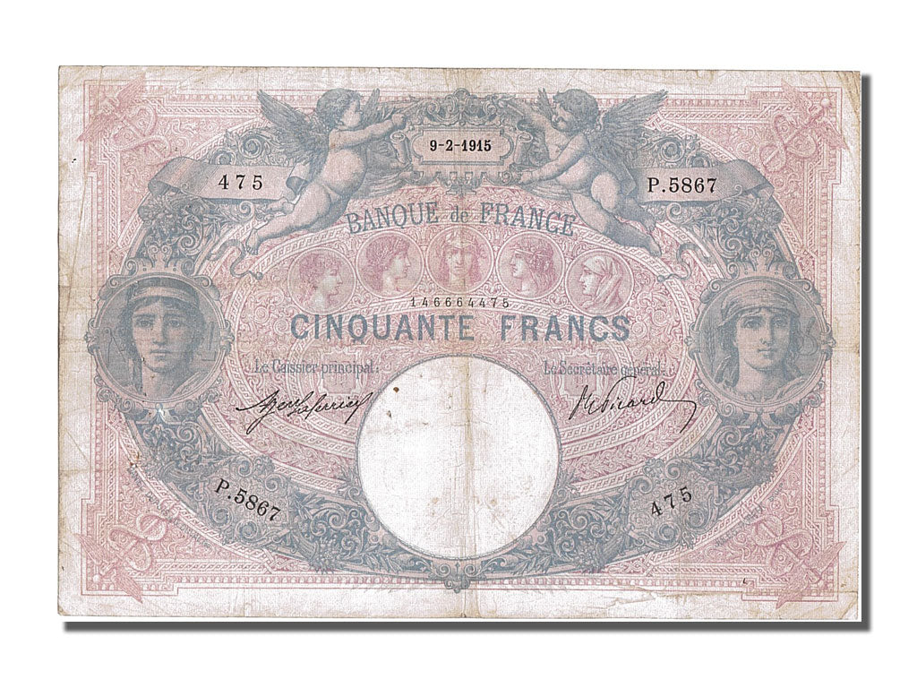 Francia, 50 Francs, 50 F 1889-1927 ''Bleu et Rose'', 1915, KM:64e, 1915-02-09...