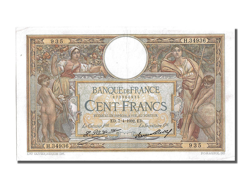 Banknote, France, 100 Francs, 100 F 1908-1939 ''Luc Olivier Merson'', 1932