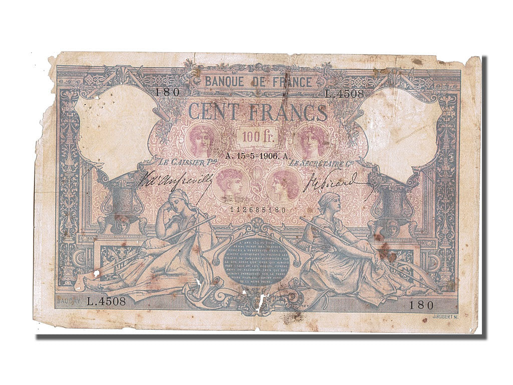 France, 100 Francs, 100 F 1888-1909 ''Bleu et Rose'', 1906, KM #65d,...