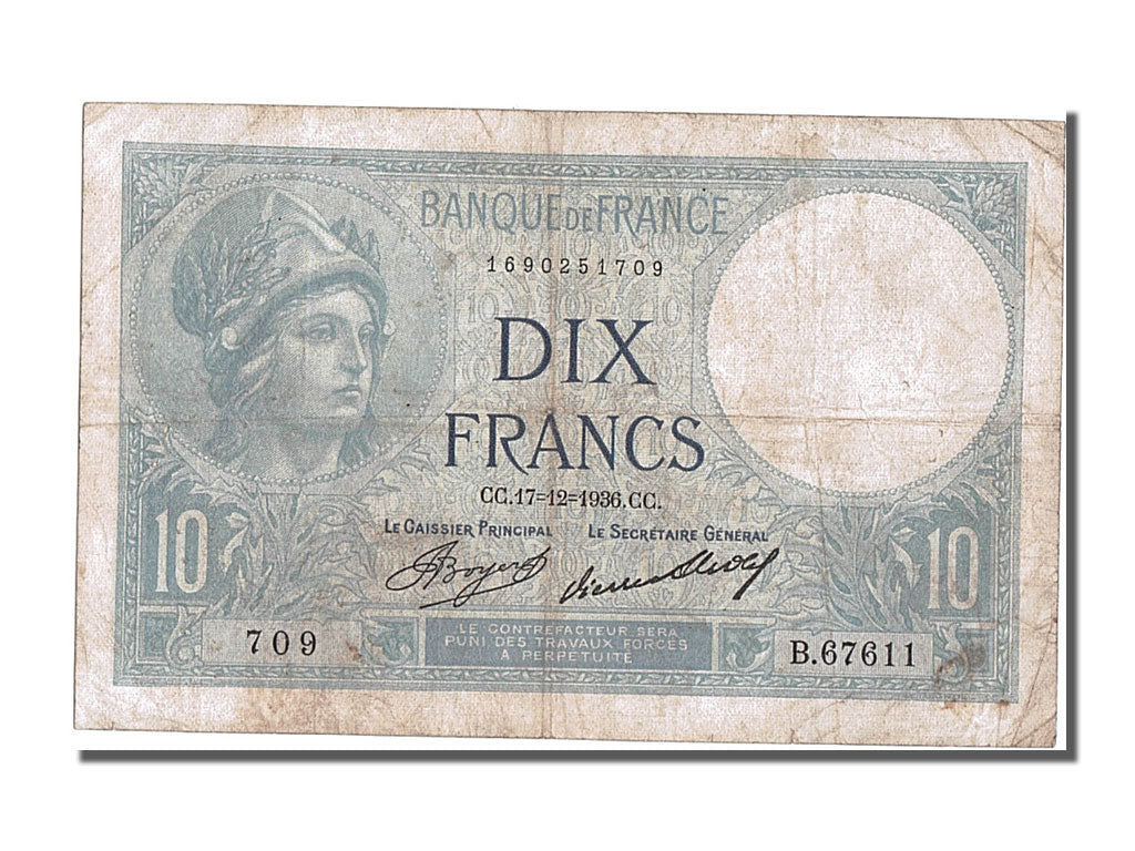 France, 10 Francs, 10 F 1916-1942 ''Minerve'', 1936, KM #73e, 1936-12-17,...