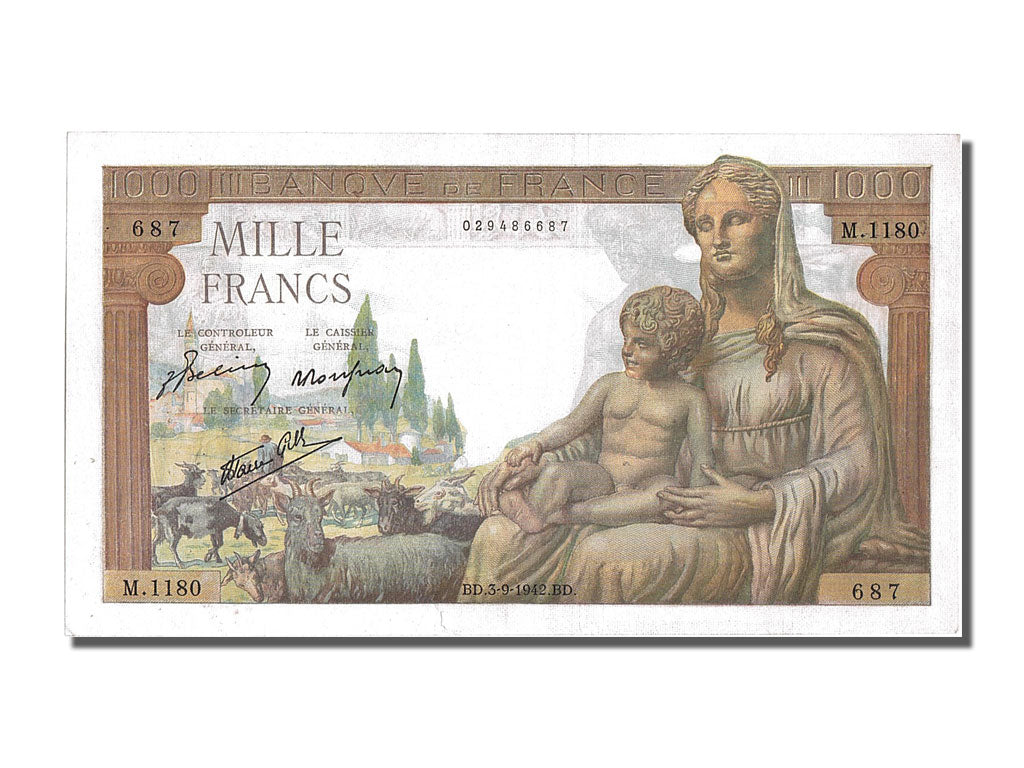 France, 1000 Francs, 1 000 F 1942-1943 ''Déesse Déméter'', 1942, KM #102, 194...