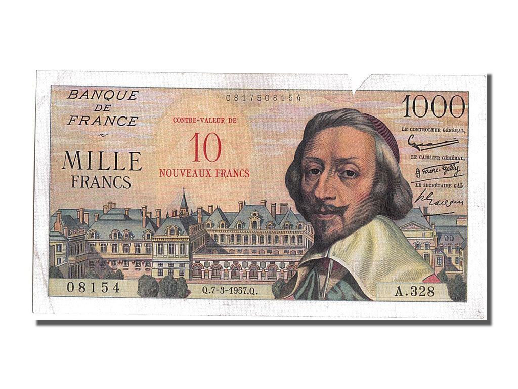 France, 10 Nouveaux Francs on 1000 Francs, 1955-1959 Overprinted with...