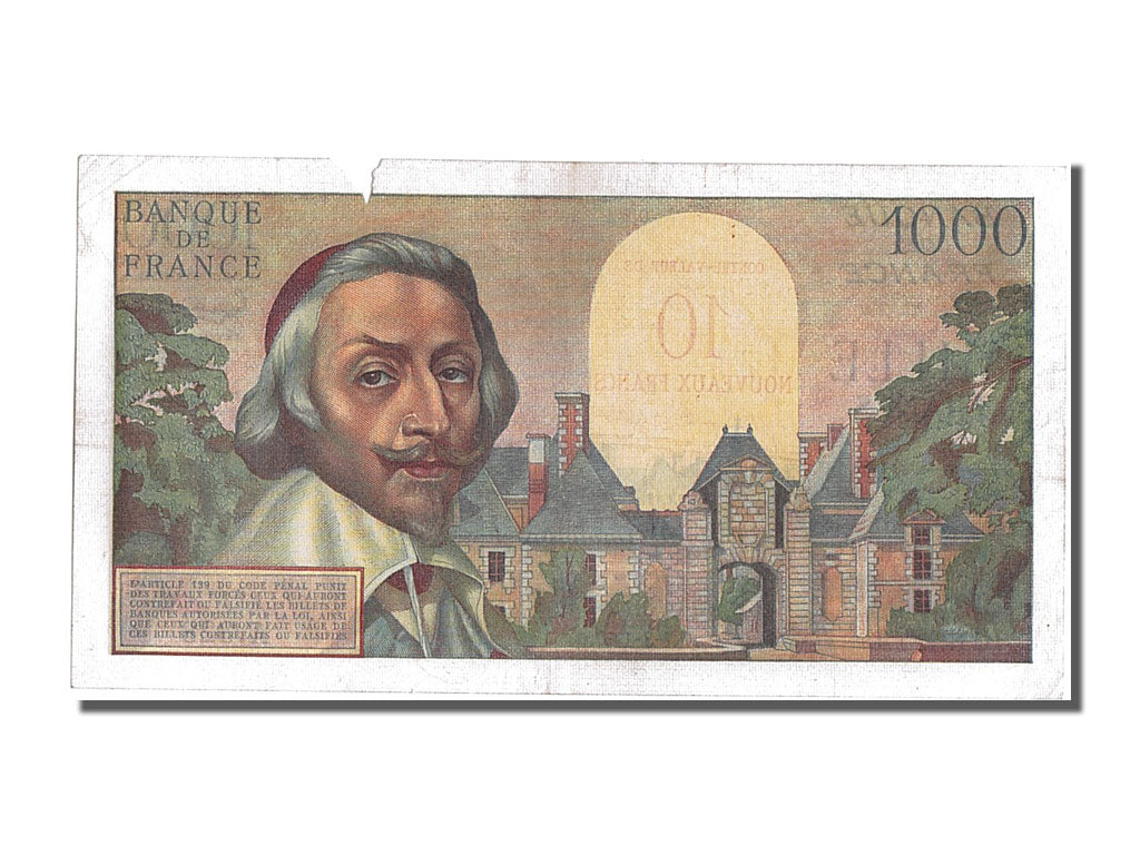 France, 10 Nouveaux Francs on 1000 Francs, 1955-1959 Overprinted with...