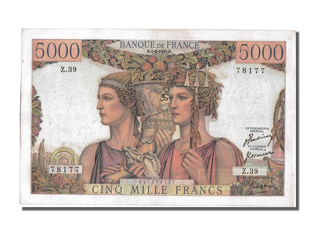 France, 5000 Francs, 5 000 F 1949-1957 ''Terre et Mer'', 1951, KM #131b,...