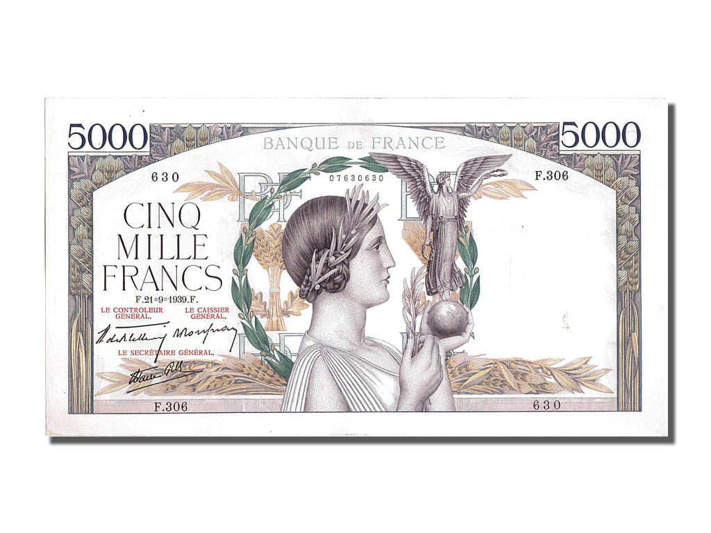 France, 5000 Francs, 5 000 F 1934-1944 ''Victoire'', 1939, KM #97a, 1939-09-21,.