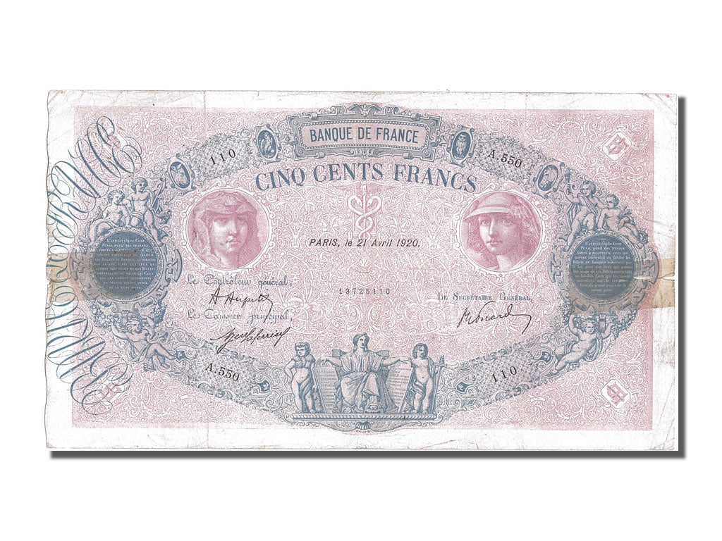 Francia, 500 Francs, 500 F 1888-1940 ''Bleu et Rose'', 1920, KM:66h, 1920-04-...