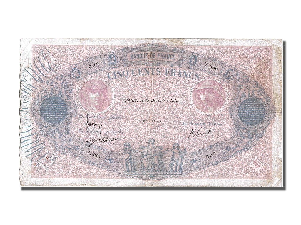 France, 500 Francs, 500 F 1888-1940 ''Bleu et Rose'', 1913, KM #66g,...
