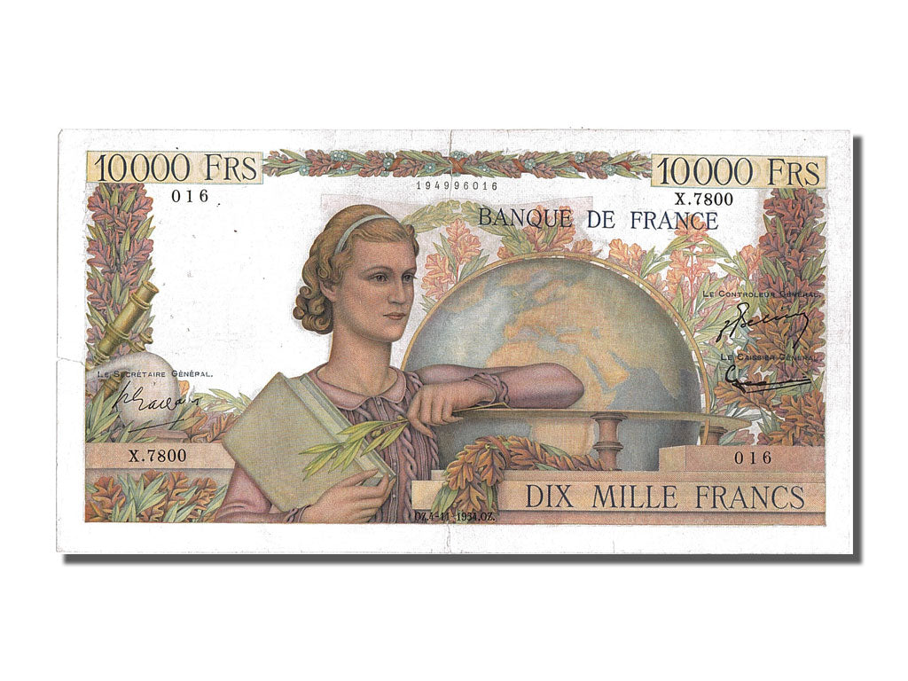 France, 10,000 Francs, 10 000 F 1945-1956 ''Génie Français'', 1954, KM #132d, 19