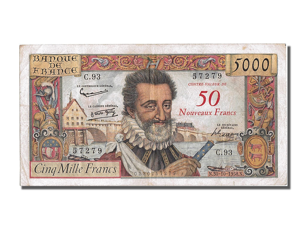 France, 50 Nouveaux Francs on 5000 Francs, 1955-1959 Overprinted with...