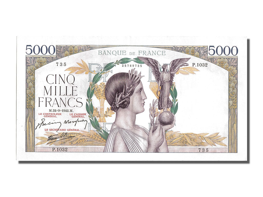 France, 5000 Francs, 5 000 F 1934-1944 ''Victoire'', 1942, KM #97c, 1942-09-24,.