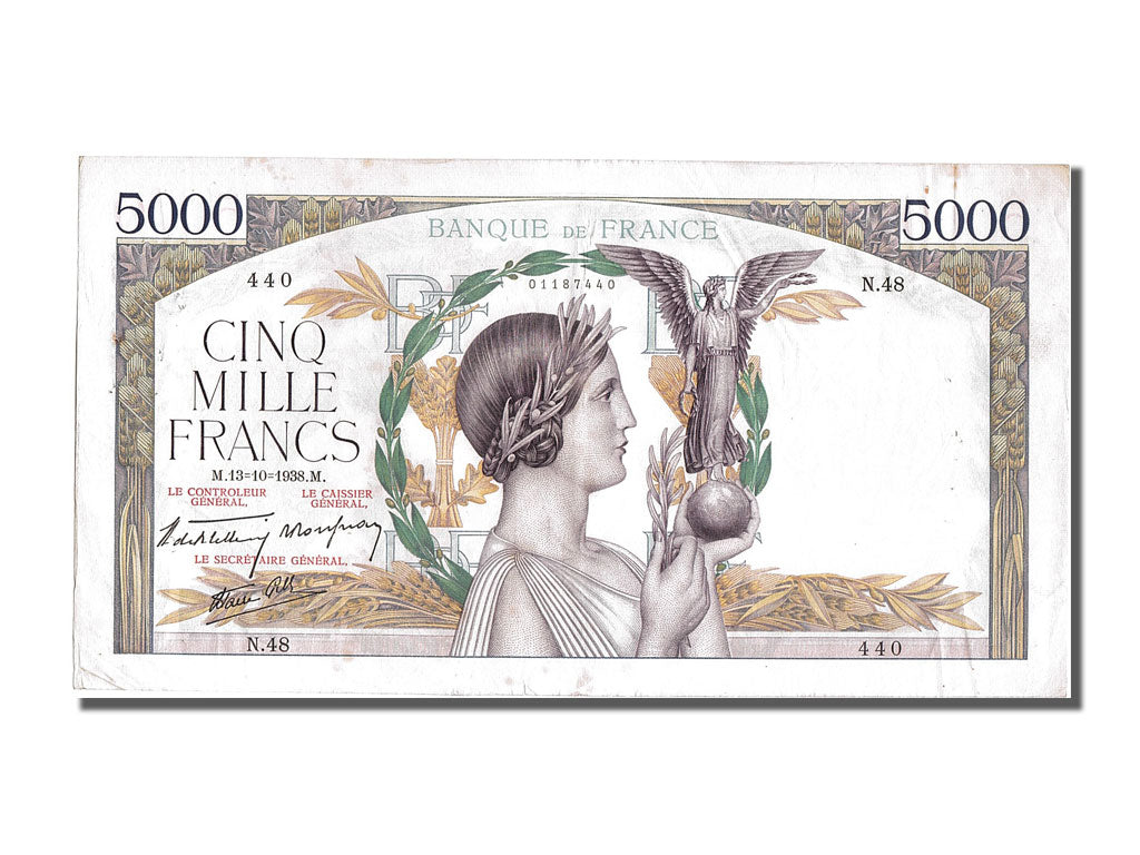 France, 5000 Francs, 5 000 F 1934-1944 ''Victoire'', 1938, KM #91, 1938-10-13,..