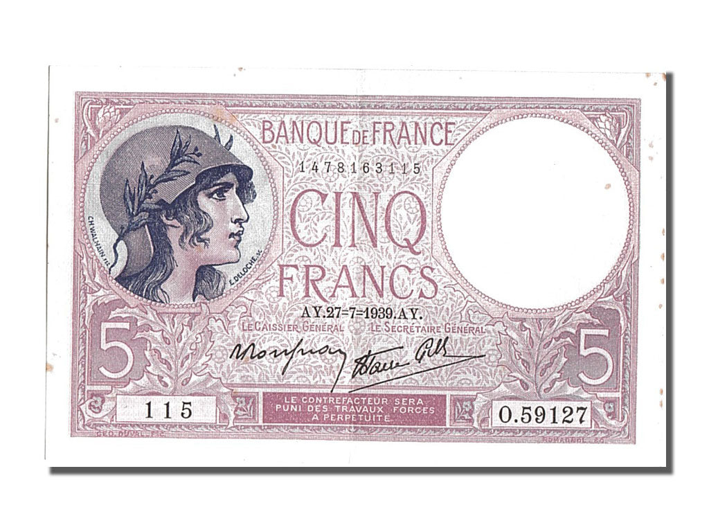 Biljet, Frankrijk, 5 Francs, 5 F 1917-1940 ''Violet'', 1939, 1939-07-27, SUP