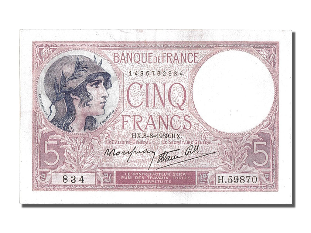 France, 5 Francs, 5 F 1917-1940 ''Violet'', 1939, KM #83, 1939-08-03,...