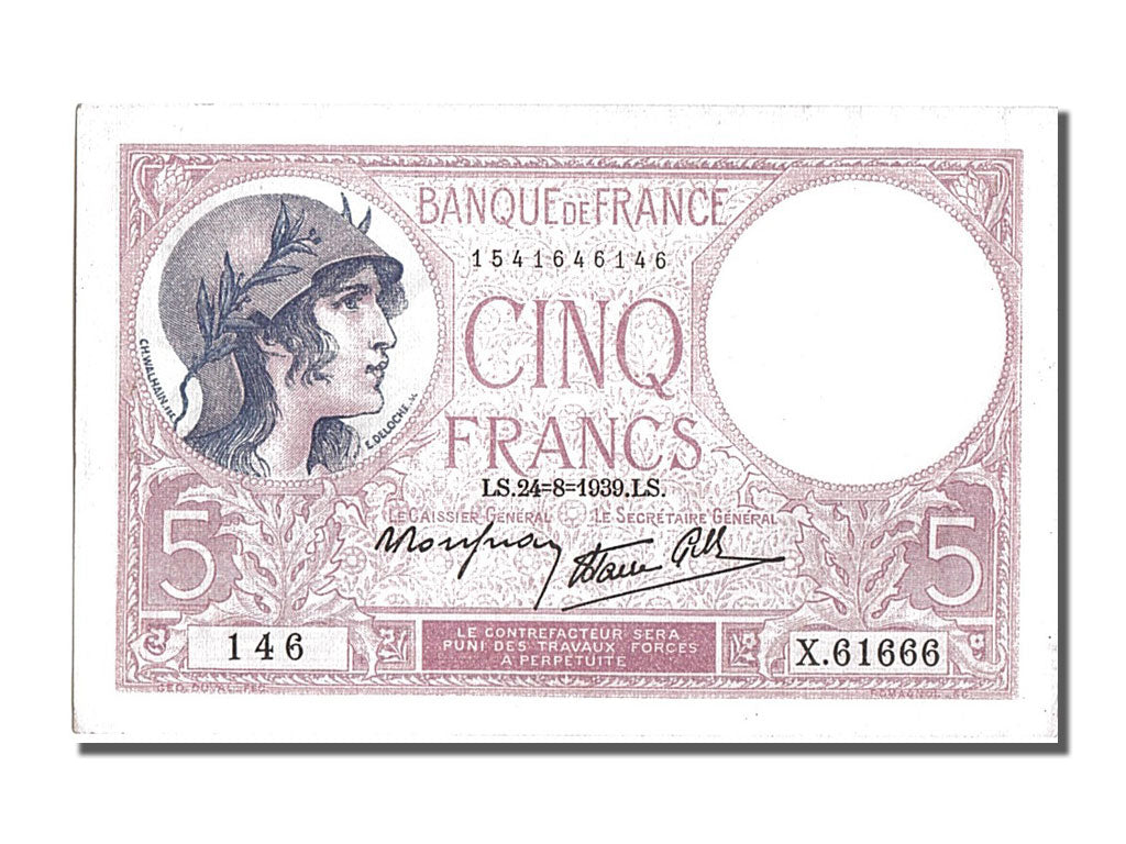 Billete, Francia, 5 Francs, 5 F 1917-1940 ''Violet'', 1939, 1939-08-24, SC