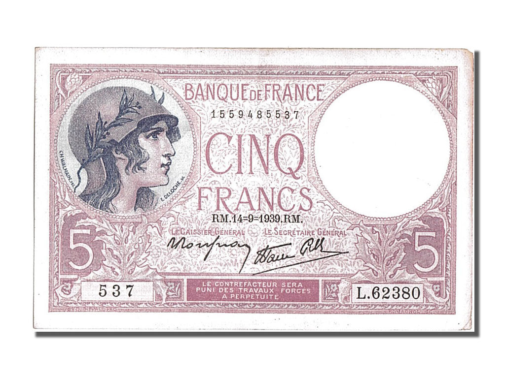 France, 5 Francs, 5 F 1917-1940 ''Violet'', 1939, KM #83, 1939-09-14,...