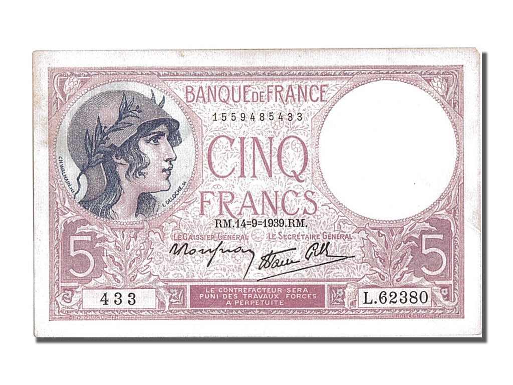 France, 5 Francs, 5 F 1917-1940 ''Violet'', 1939, KM #83, 1939-09-14,...