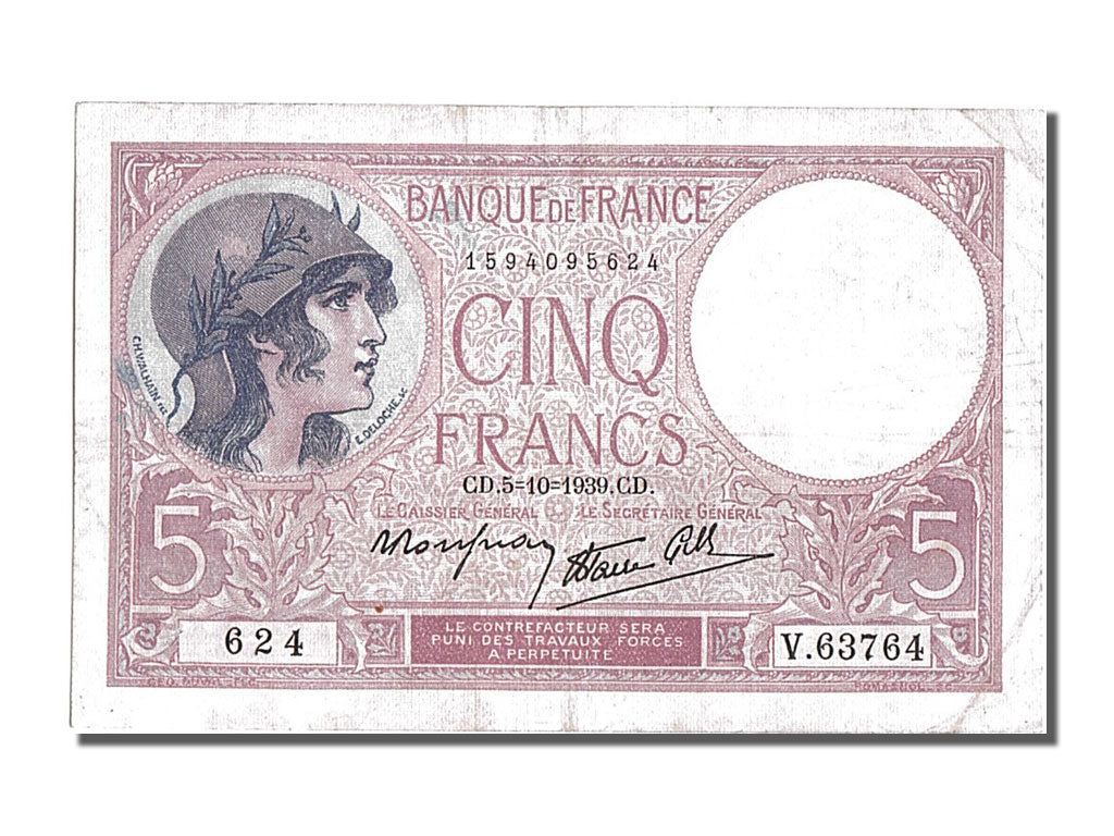 France, 5 Francs, 5 F 1917-1940 ''Violet'', 1939, KM #83, 1939-10-05,...