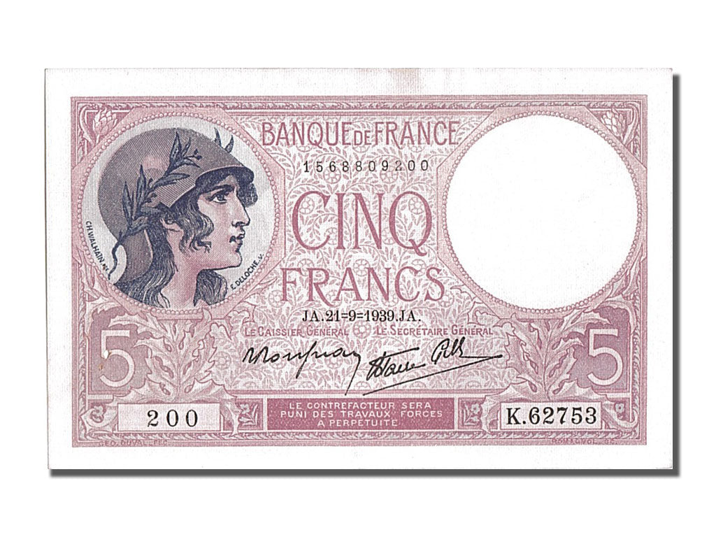 France, 5 Francs, 5 F 1917-1940 ''Violet'', 1939, KM #83, 1939-09-21,...