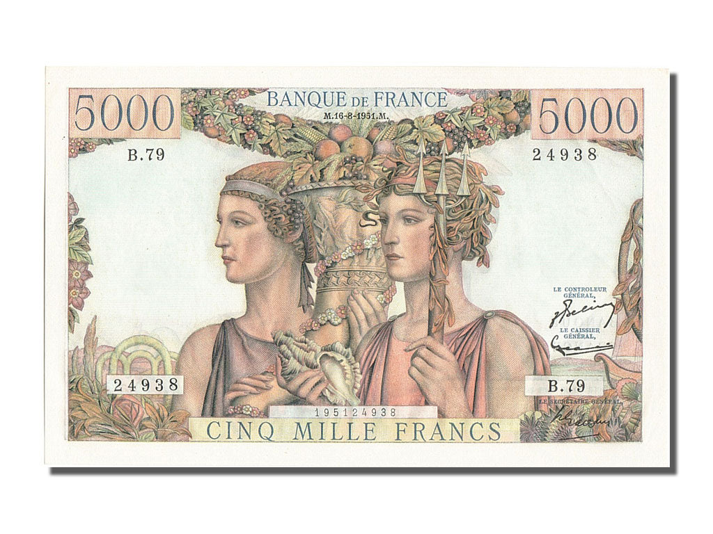 France, 5000 Francs, 5 000 F 1949-1957 ''Terre et Mer'', 1951, KM #131c,...