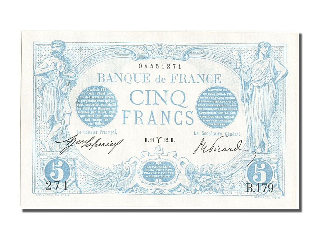 Banknote, France, 5 Francs, 5 F 1912-1917 ''Bleu'', 1912, 1912-03-11
