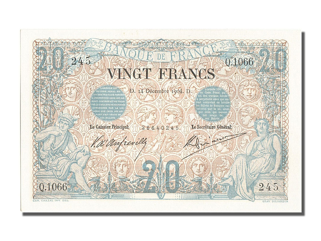 France, 20 Francs, 20 F 1874-1905 ''Noir'', 1904, KM #61b, 1904-12-14, UNC(63),.