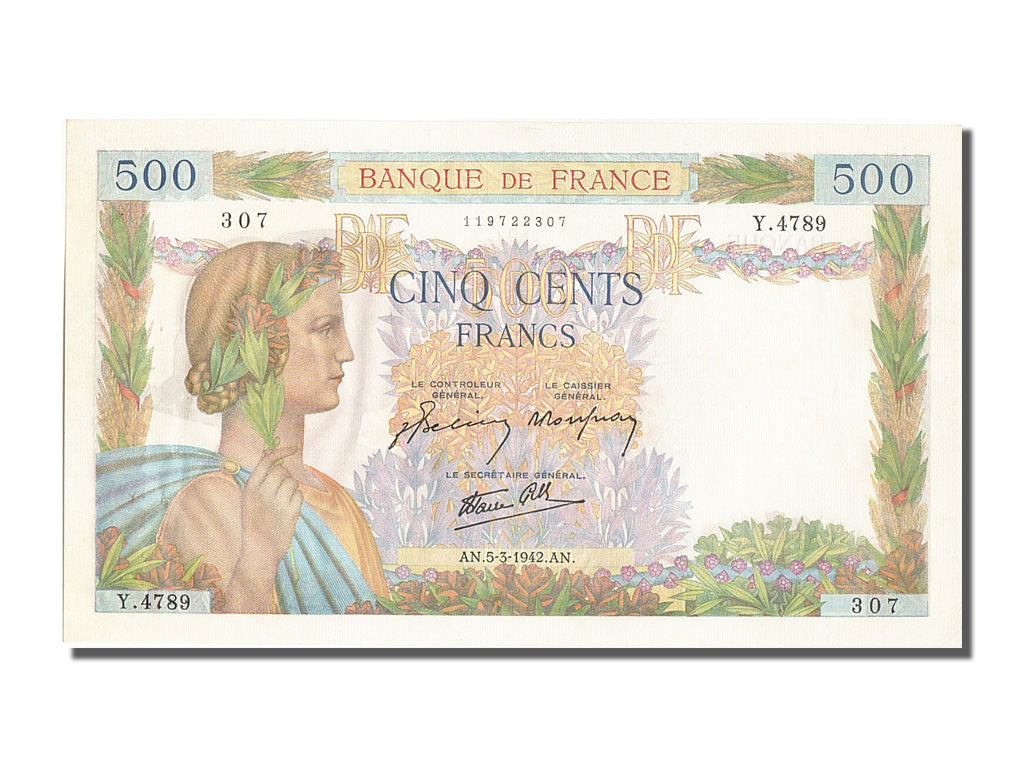 France, 500 Francs, 500 F 1940-1944 ''La Paix'', 1942, KM #95b, 1942-03-05,...