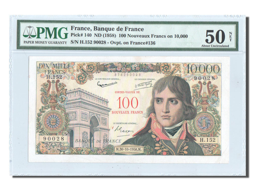 France, 100 Nouveaux Francs on 10,000 Francs, 1955-1959 Overprinted with...