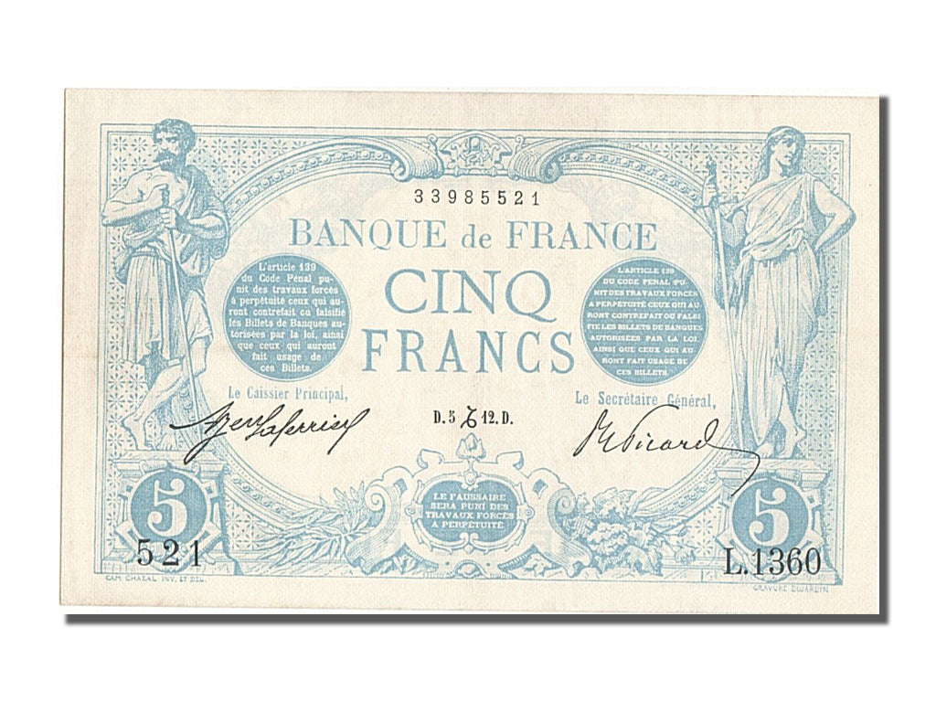 France, 5 Francs, 5 F 1912-1917 ''Bleu'', 1912, KM #70, 1912-12-05, UNC(63),...