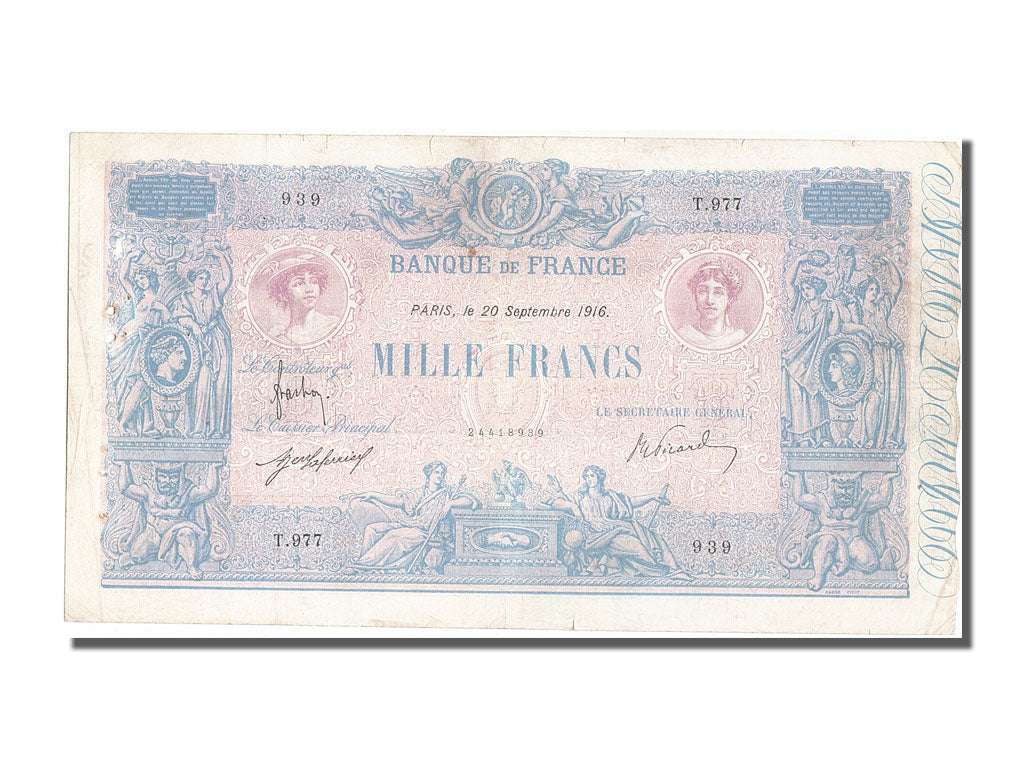 France, 1000 Francs, 1 000 F 1889-1926 ''Bleu et Rose'', 1916, KM #67g,...