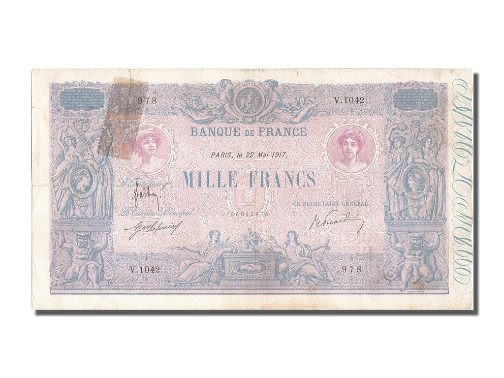 France, 1000 Francs, 1 000 F 1889-1926 ''Bleu et Rose'', 1917, KM #67g,...