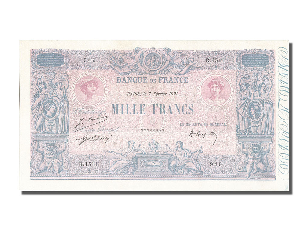 France, 1000 Francs, 1 000 F 1889-1926 ''Bleu et Rose'', 1921, KM #67i,...