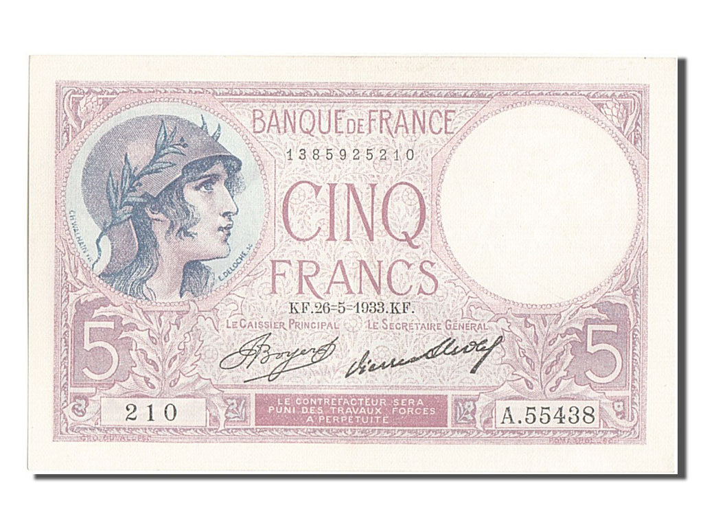 Francia, 5 Francs, 5 F 1917-1940 ''Violet'', 1933, KM:72e, SPL, Fayette:3.17