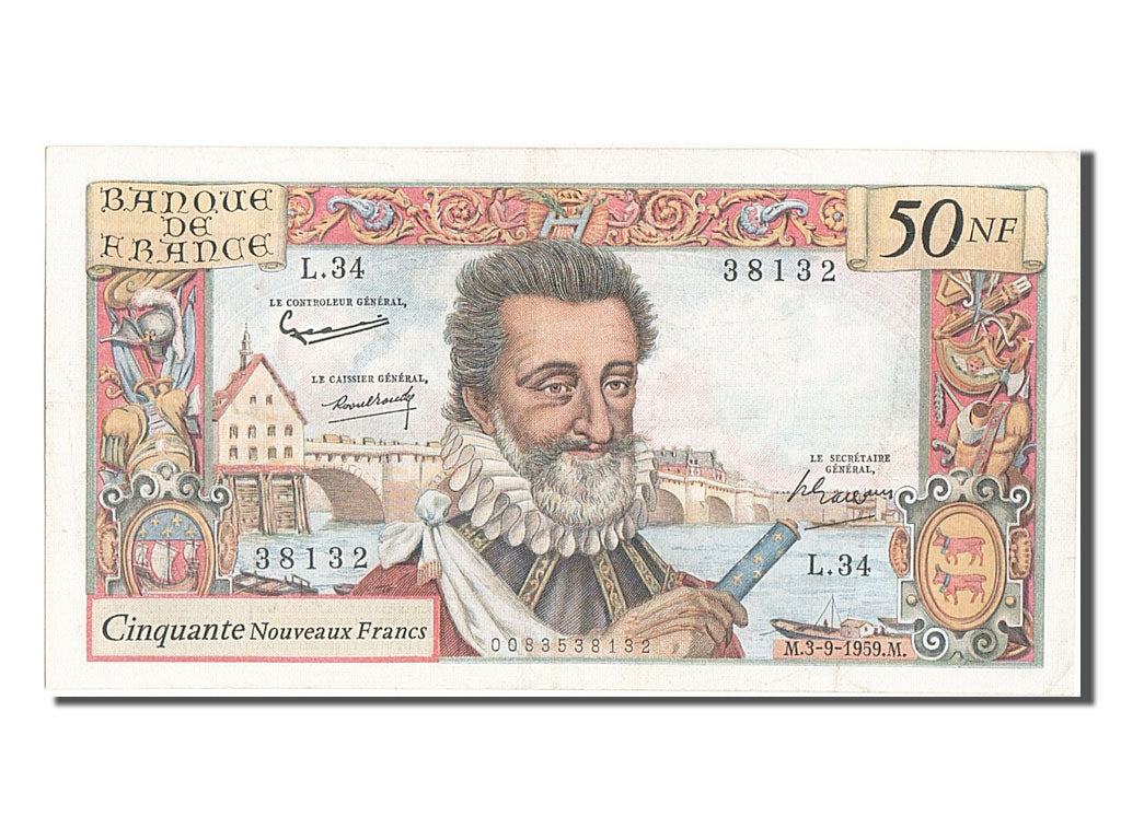 France, 50 Nouveaux Francs, 50 NF 1959-1961 ''Henri IV'', 1959, KM #143a,...