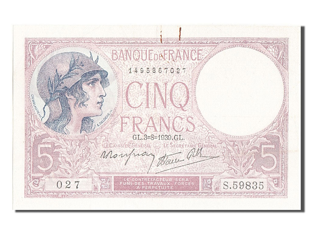 Banknote, France, 5 Francs, 5 F 1917-1940 ''Violet'', 1939, 1939-08-03