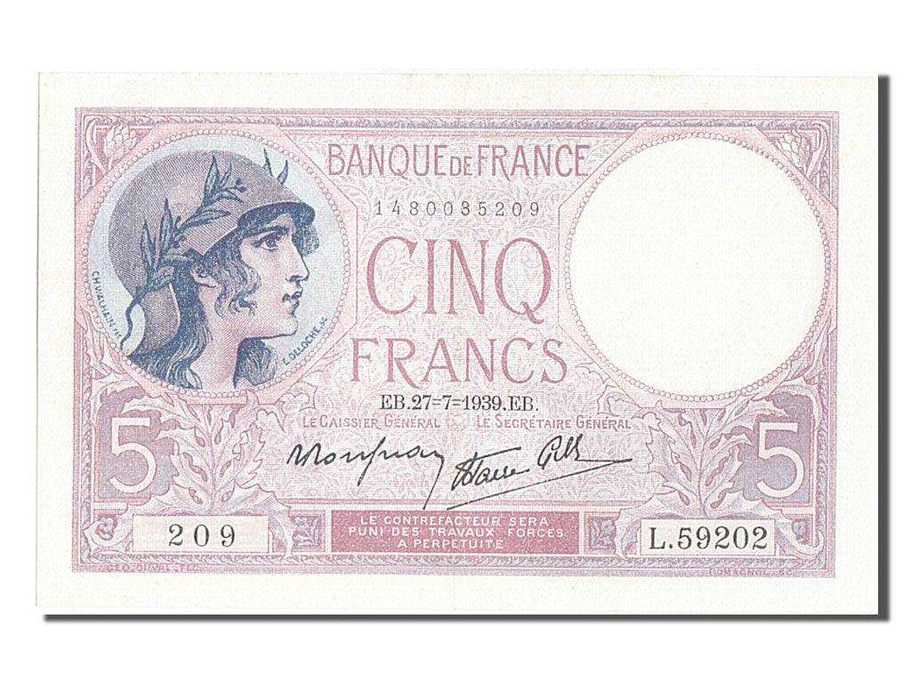 Biljet, Frankrijk, 5 Francs, 5 F 1917-1940 ''Violet'', 1939, 1939-07-27, SPL
