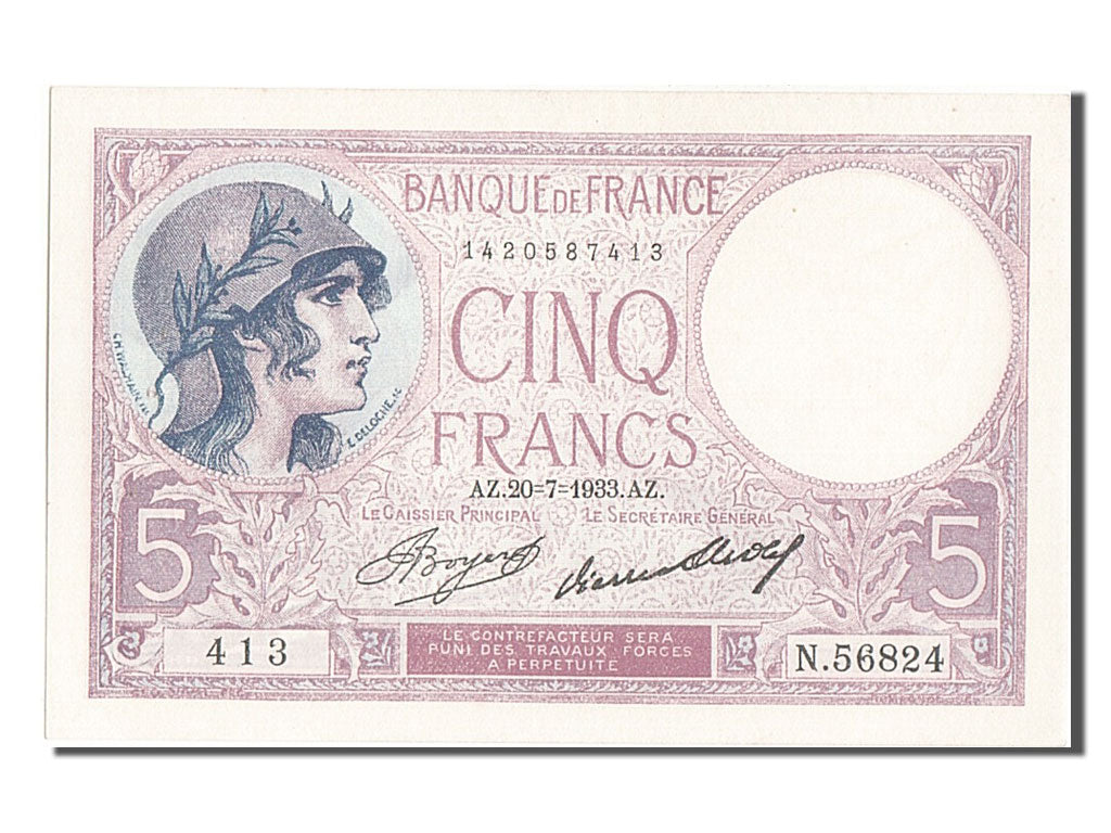 Banknote, France, 5 Francs, 5 F 1917-1940 ''Violet'', 1933, 1933-07-20