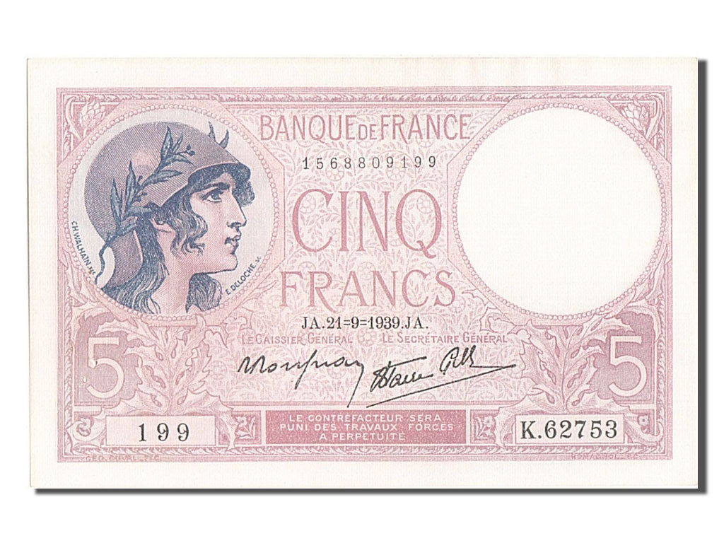 Banknote, France, 5 Francs, 5 F 1917-1940 ''Violet'', 1939, 1939-09-21