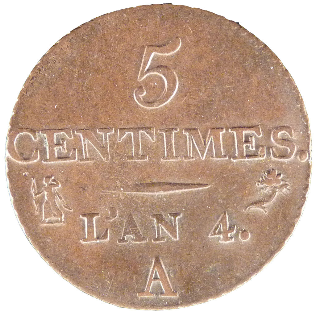 FRANCE, Dupré, 5 Centimes, 1796, Paris, EF(40-45), Copper, 23, Gadoury #124, 5..