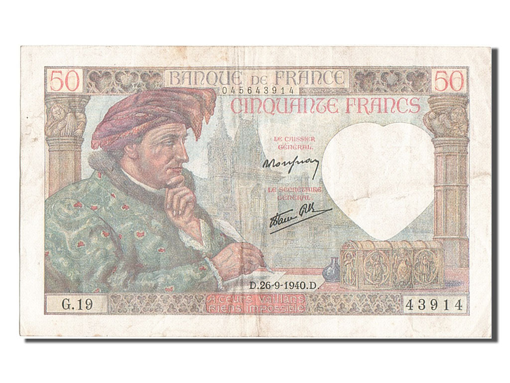 Francia, 50 Francs, 50 F 1940-1942 ''Jacques Coeur'', 1940, KM:93, 1940-09-26...