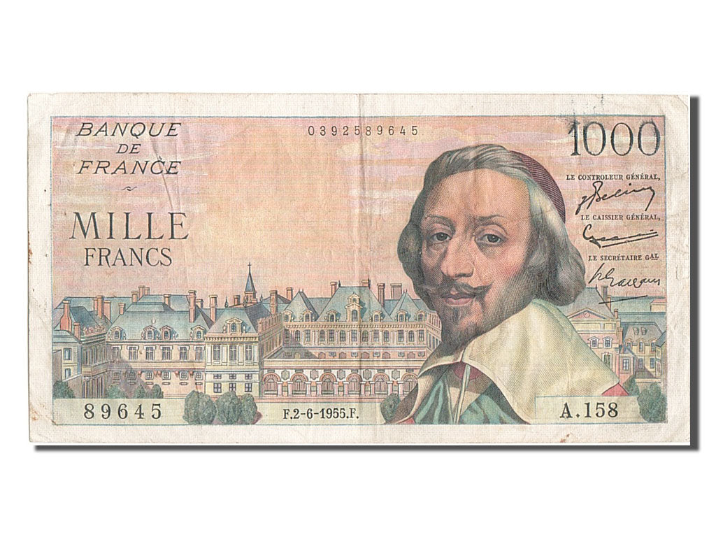 France, 1000 Francs, 1 000 F 1953-1957 ''Richelieu'', 1955, KM #134a,...