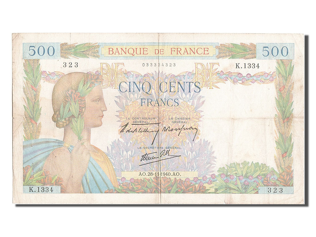 France, 500 Francs, 500 F 1940-1944 ''La Paix'', 1940, KM #95a, 1940-11-28,...