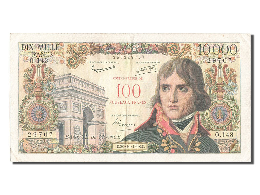 Billet, France, 100 Nouveaux Francs on 10,000 Francs, 1955-1959 Overprinted with