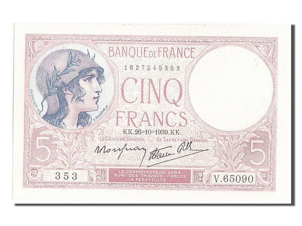 Billet, France, 5 Francs, 5 F 1917-1940 ''Violet'', 1939, 1939-10-26, SPL