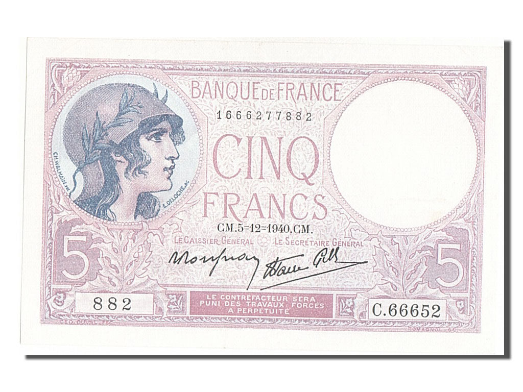Billet, France, 5 Francs, 5 F 1917-1940 ''Violet'', 1940, 1940-12-05, SUP+