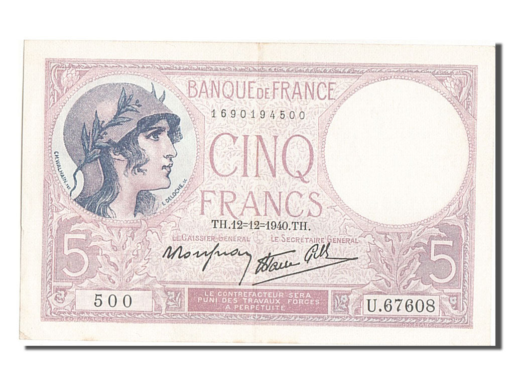 Billet, France, 5 Francs, 5 F 1917-1940 ''Violet'', 1940, 1940-12-12, SUP+