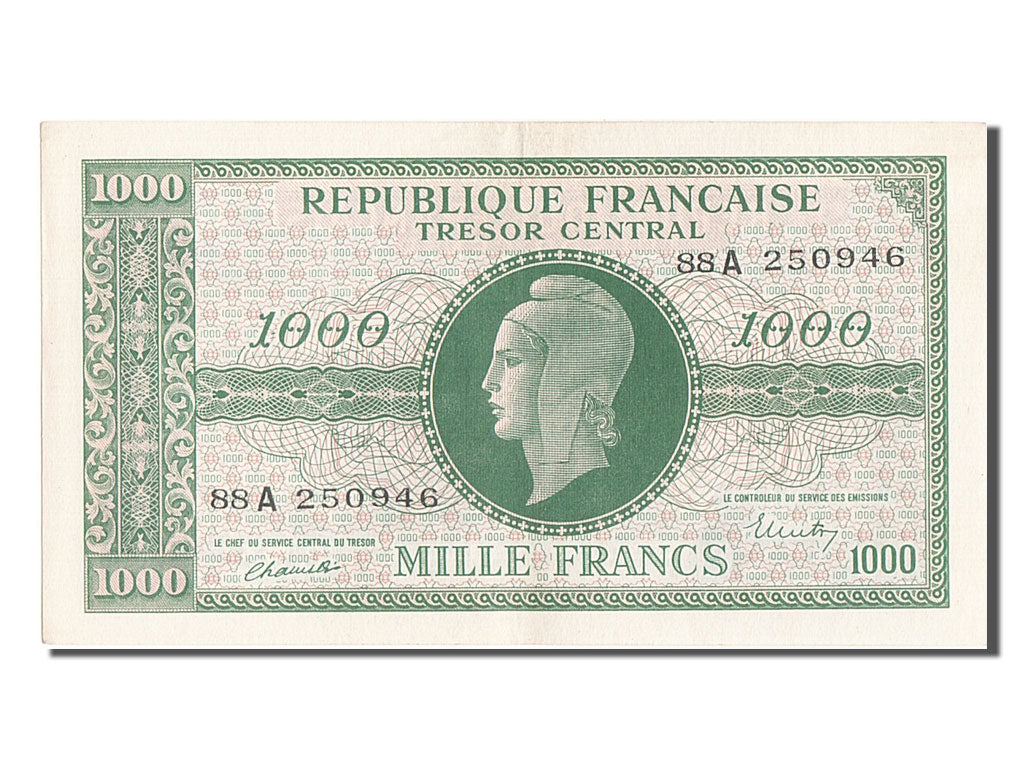 France, 1000 Francs, 1943-1945 Marianne, 1945, KM #107, AU(55-58), 88A250946,...