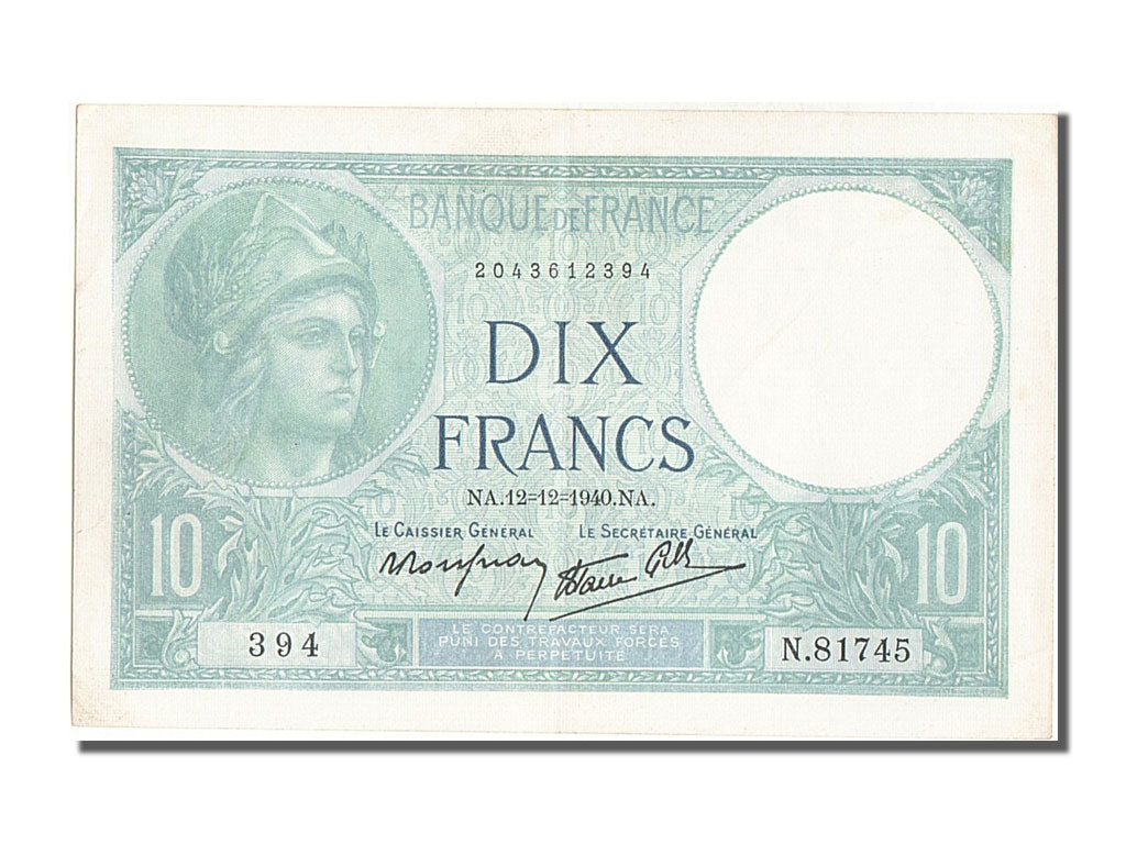 France, 10 Francs, 10 F 1916-1942 ''Minerve'', 1940, KM #84, 1940-12-12,...