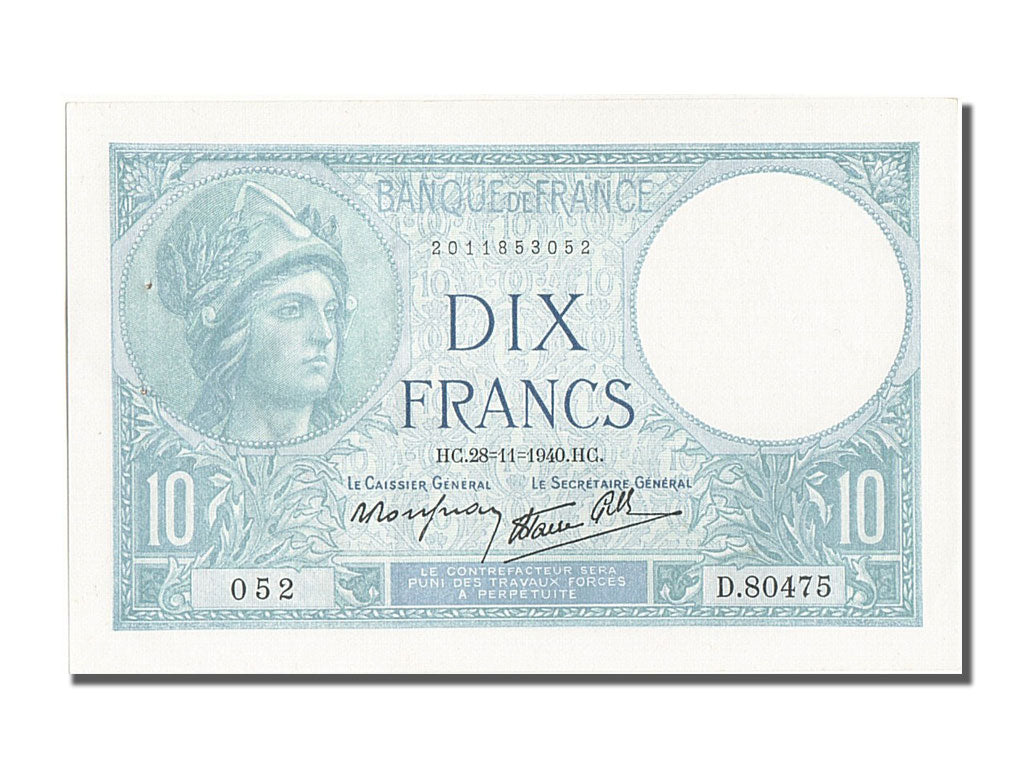 Biljet, Frankrijk, 10 Francs, 10 F 1916-1942 ''Minerve'', 1940, 1940-11-28, SPL