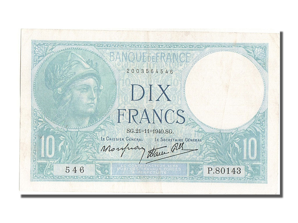 France, 10 Francs, 10 F 1916-1942 ''Minerve'', 1940, KM #84, 1940-11-21,...